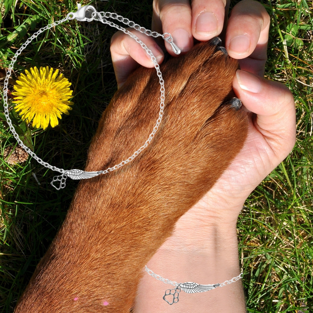 Silver Memorial Bracelet with Angel Wing & Paw Print | Handmade